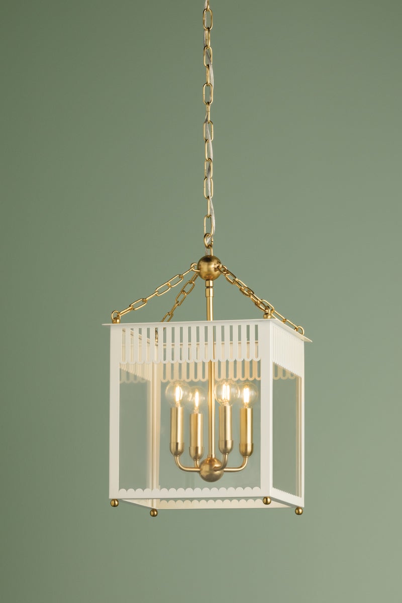 Mitzi Rosalie Small Lantern 29.5"H, 4-Light, Dimmable, Aged Brass & Soft Arctic Blue/Cream