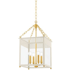 Mitzi Rosalie Small Lantern 29.5"H, 4-Light, Dimmable, Aged Brass & Soft Arctic Blue/Cream