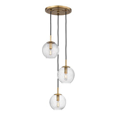 Rousseau Chandelier 3-Light Dimmable Aged Brass Finish with Blue & Clear Glass, Height Adjustable 32"-134.5