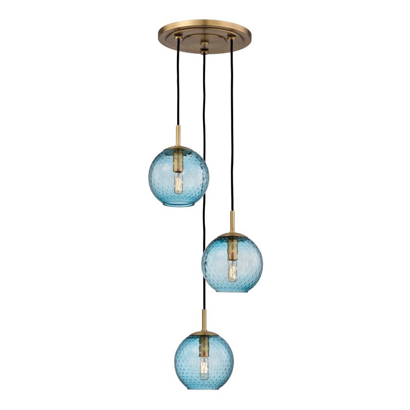 Rousseau Chandelier 3-Light Dimmable Aged Brass Finish with Blue & Clear Glass, Height Adjustable 32"-134.5