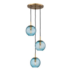 Rousseau Chandelier 3-Light Dimmable Aged Brass Finish with Blue & Clear Glass, Height Adjustable 32"-134.5