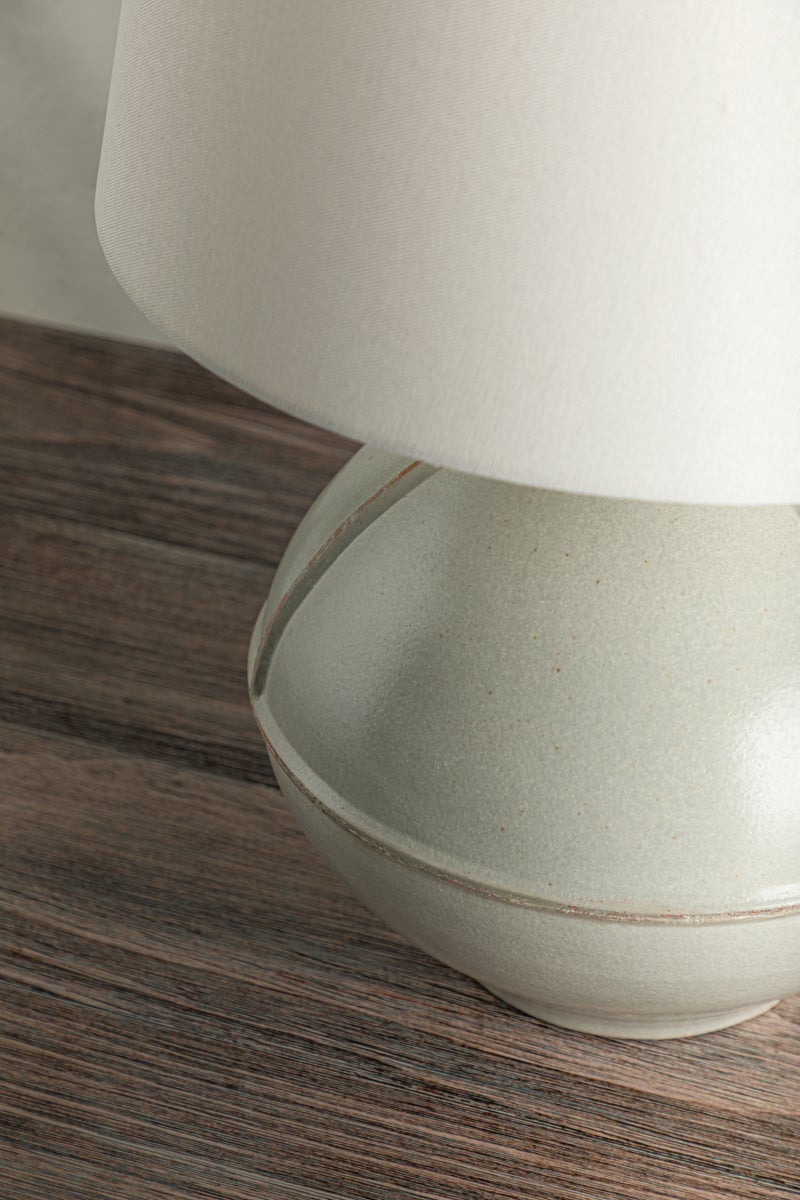 Salvage Table Lamp by Troy Lighting, 24" Pale Sage Ceramic Base, Off-White Linen Shade, Dimmable