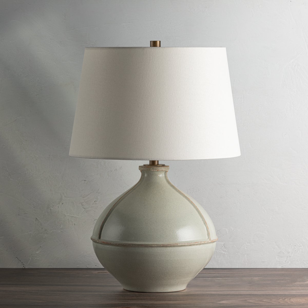 Salvage Table Lamp by Troy Lighting, 24" Pale Sage Ceramic Base, Off-White Linen Shade, Dimmable