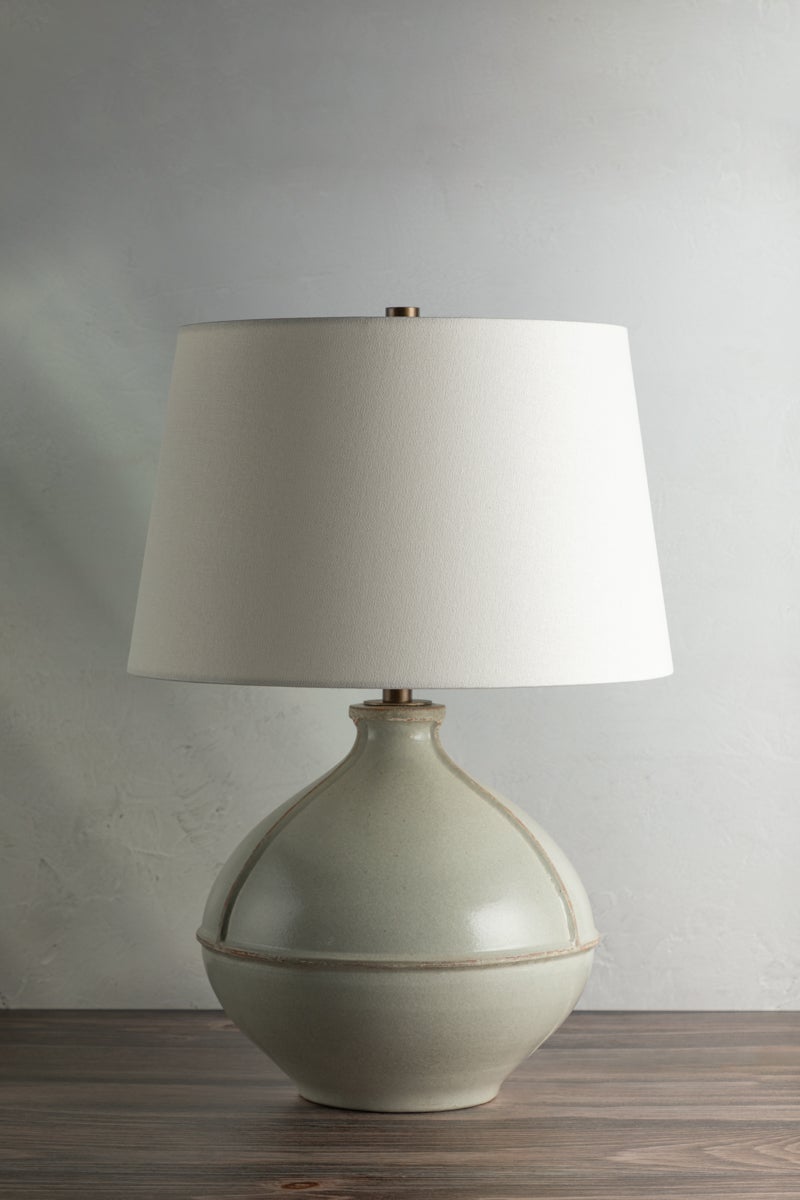 Salvage Table Lamp by Troy Lighting, 24" Pale Sage Ceramic Base, Off-White Linen Shade, Dimmable