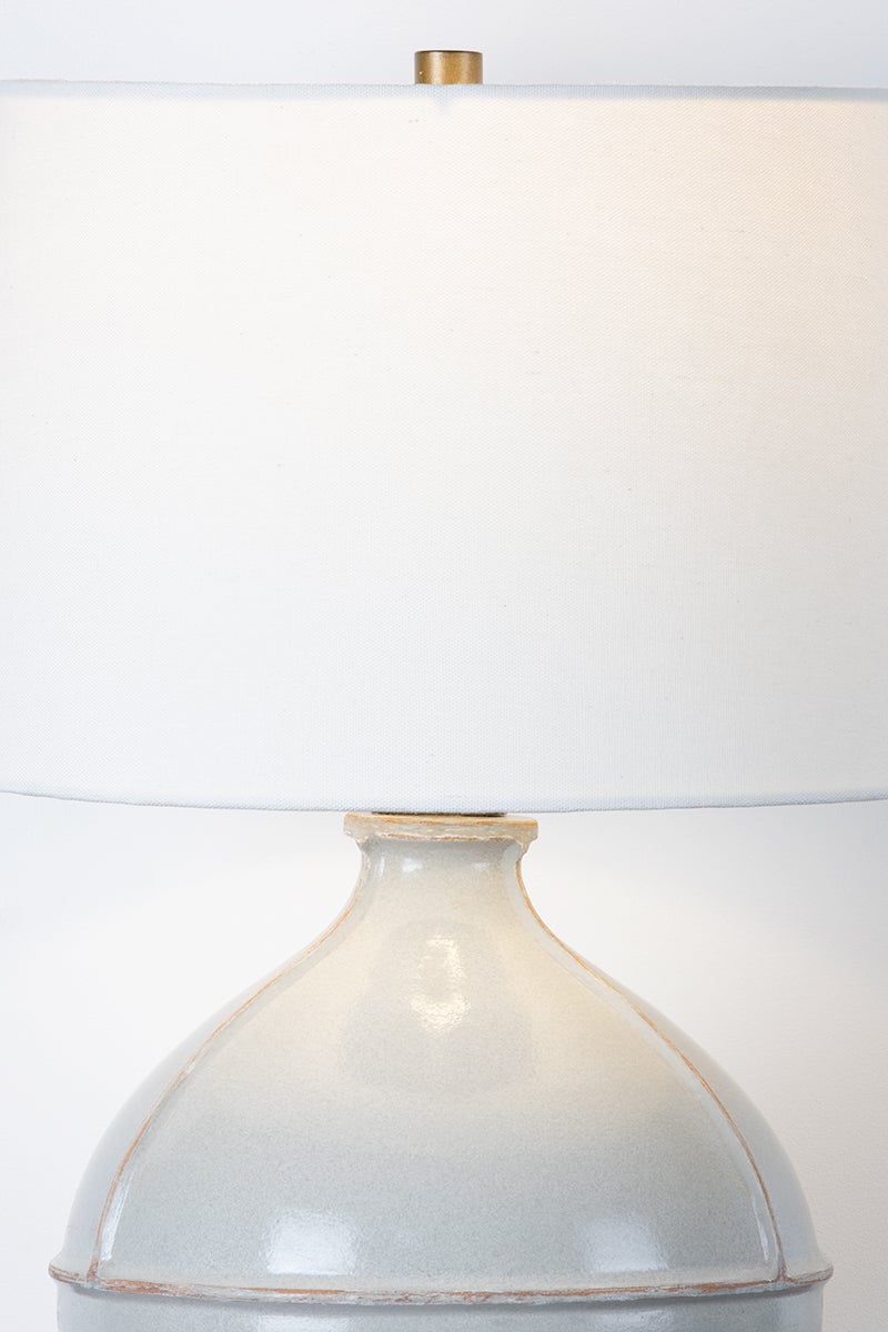 Salvage Table Lamp by Troy Lighting, 24" Pale Sage Ceramic Base, Off-White Linen Shade, Dimmable