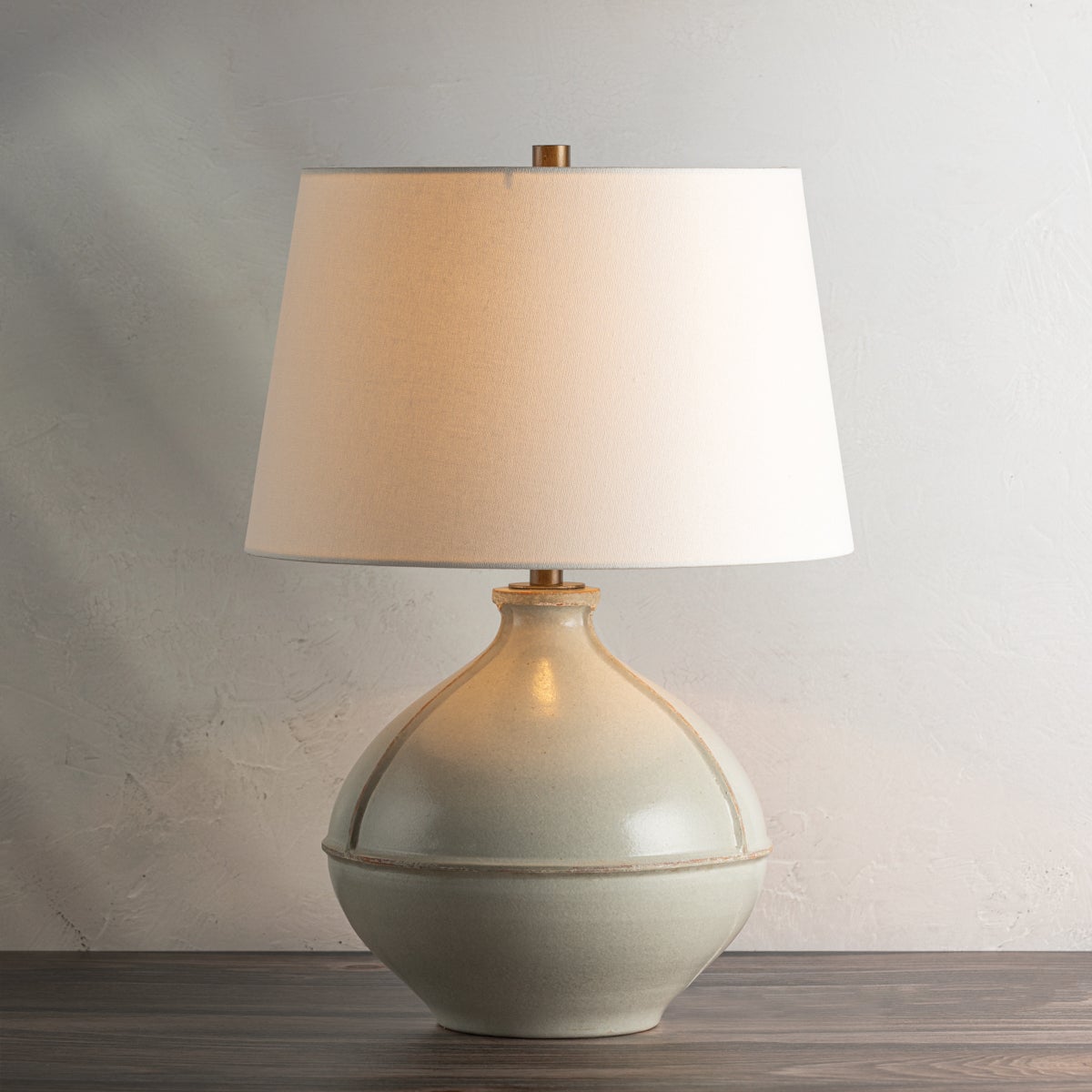 Salvage Table Lamp by Troy Lighting, 24" Pale Sage Ceramic Base, Off-White Linen Shade, Dimmable