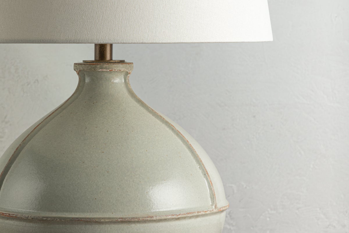 Salvage Table Lamp by Troy Lighting, 24" Pale Sage Ceramic Base, Off-White Linen Shade, Dimmable