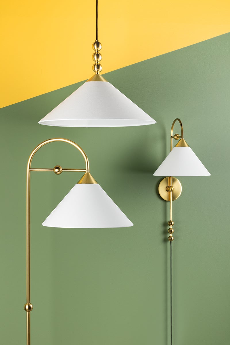 Mitzi Sang Pendant Light, 14.75" Height, Adjustable Dimmable Fixture with Aged Brass and Linen Shade