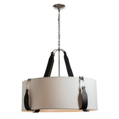 Saratoga Large Pendant Light by Hubbardton Forge, Modern Drum Shade with Leather Straps, UL Damp Rated