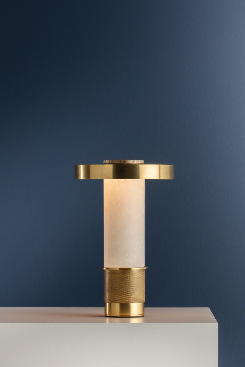 Sefton Rechargeable Table Lamp - Dimmable Alabaster Design in Aged Brass, 150 Lumens, Portable & Modern