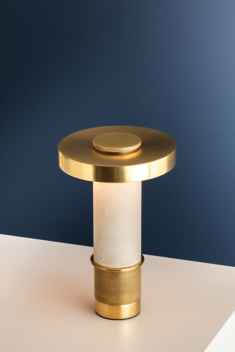 Sefton Rechargeable Table Lamp - Dimmable Alabaster Design in Aged Brass, 150 Lumens, Portable & Modern