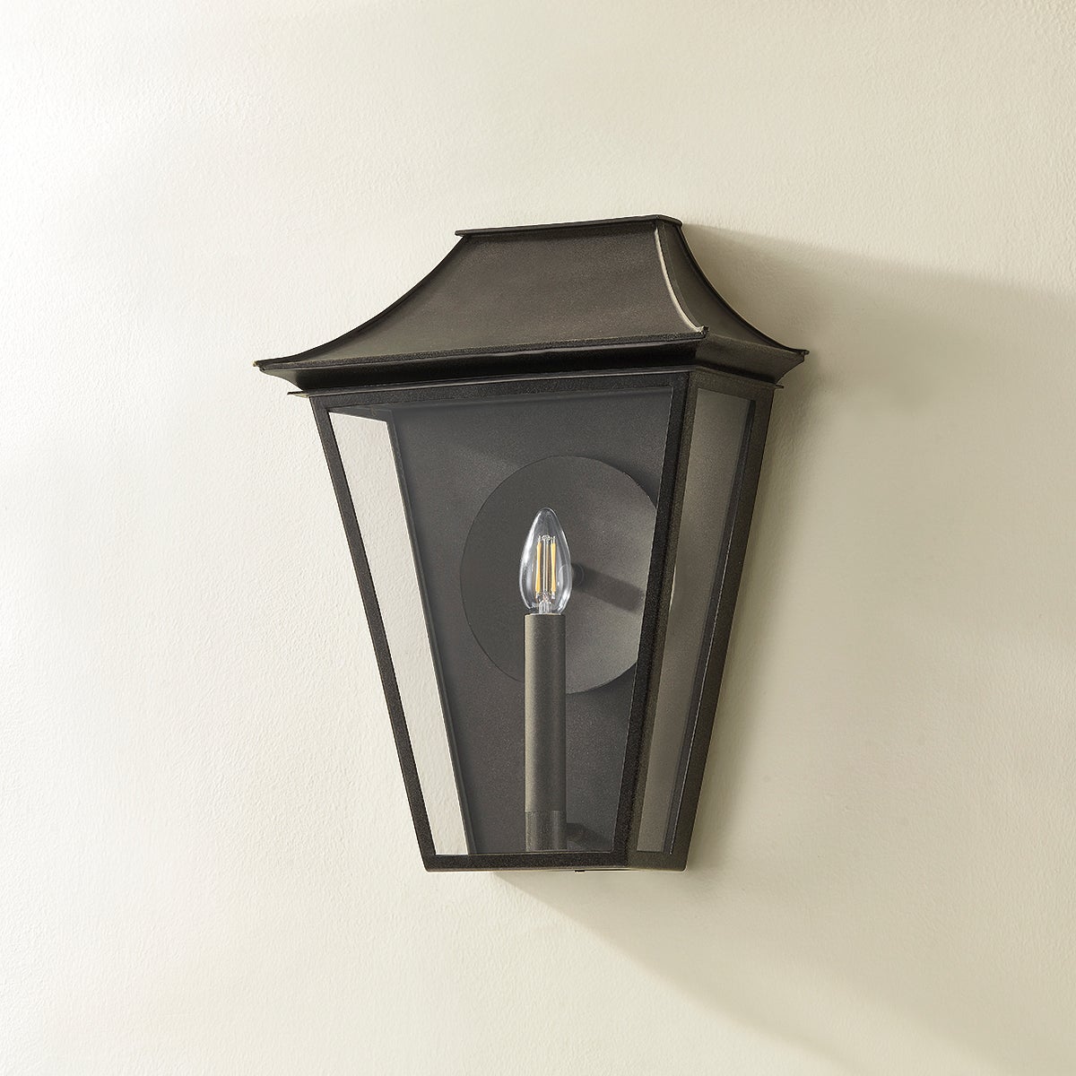 Tehama Medium Outdoor Wall Sconce 17" Height by Troy Lighting in French Iron Finish with Clear Glass Shade