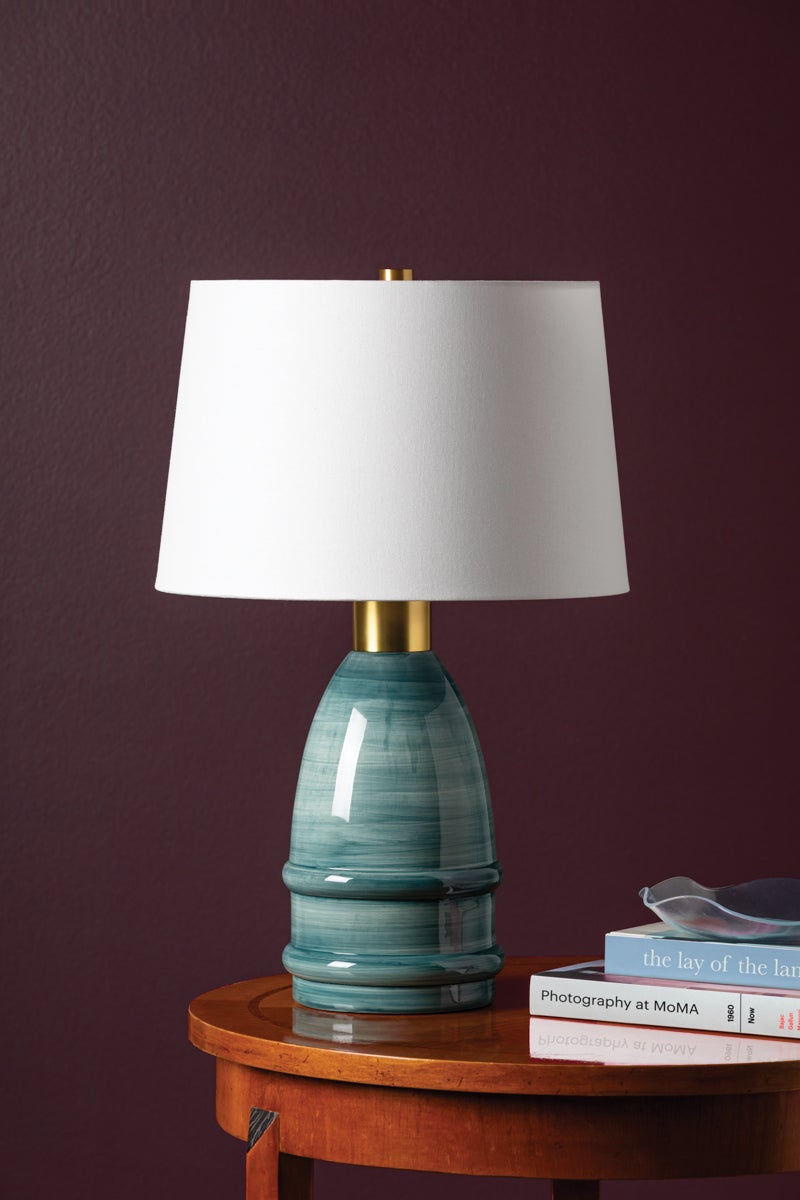 Tenley Table Lamp by Mitzi - Artisan Hand-Painted Blue Glaze, Aged Brass Finish, Dimmable E26 Light