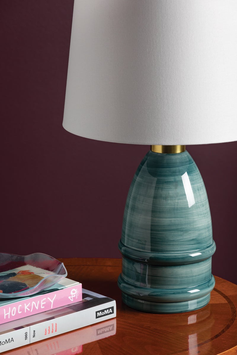 Tenley Table Lamp by Mitzi - Artisan Hand-Painted Blue Glaze, Aged Brass Finish, Dimmable E26 Light