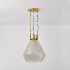 Tragus Large Pendant Light by Corbett Lighting, Faceted Clear Glass, Vintage Brass Finish, Dimmable, 21.5"H x 19"W