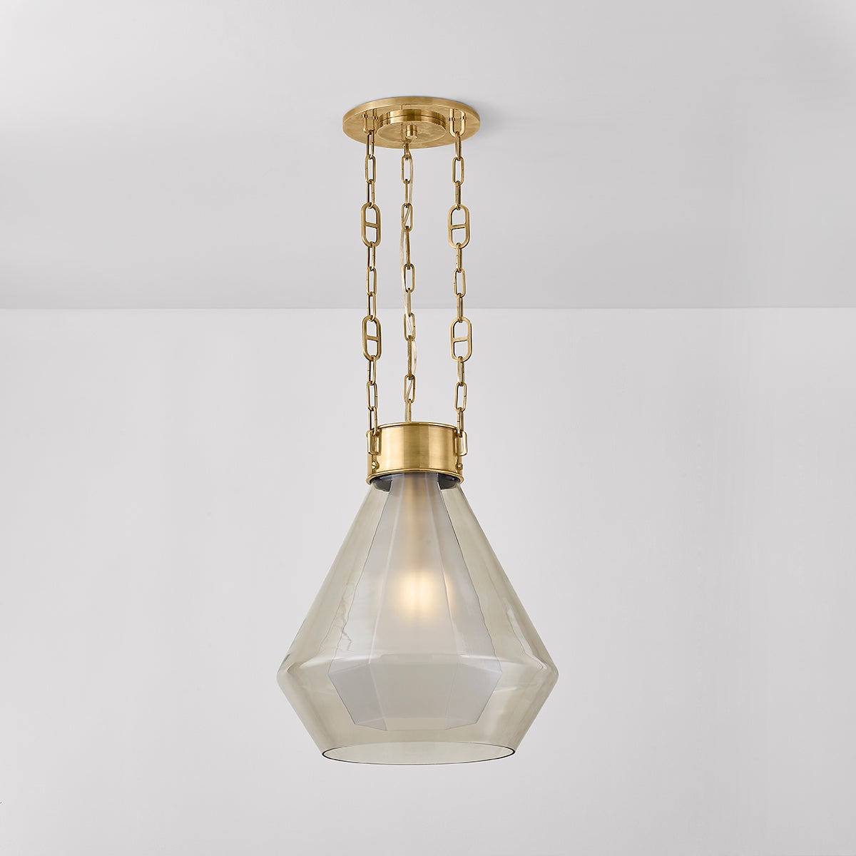 Tragus Large Pendant Light by Corbett Lighting, Faceted Clear Glass, Vintage Brass Finish, Dimmable, 21.5"H x 19"W