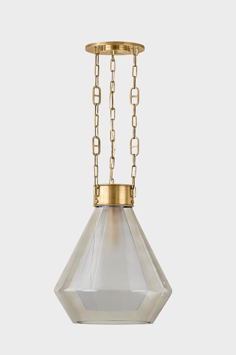 Tragus Large Pendant Light by Corbett Lighting, Faceted Clear Glass, Vintage Brass Finish, Dimmable, 21.5"H x 19"W