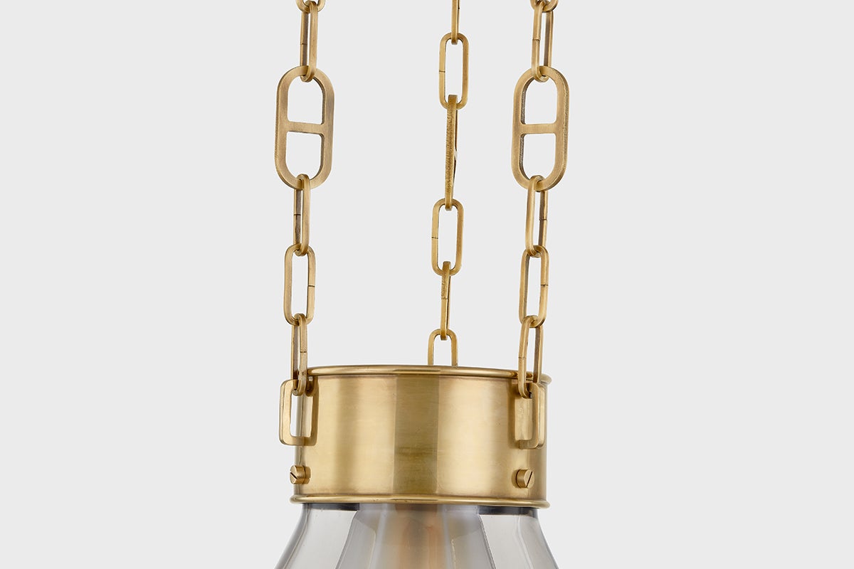 Tragus Large Pendant Light by Corbett Lighting, Faceted Clear Glass, Vintage Brass Finish, Dimmable, 21.5"H x 19"W