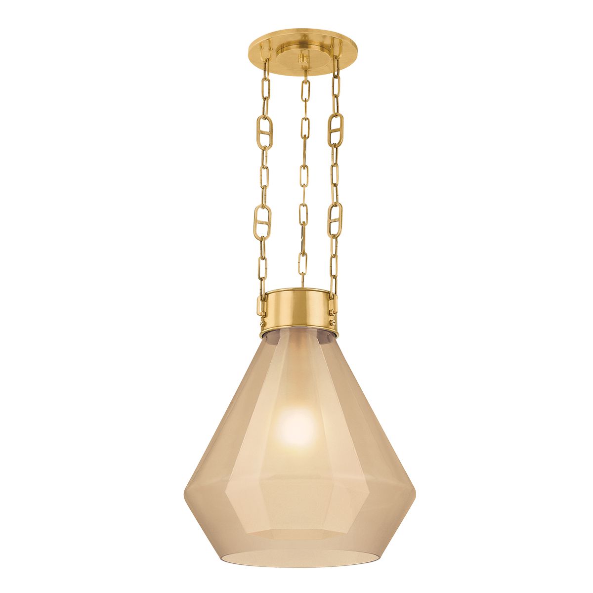 Tragus Large Pendant Light by Corbett Lighting, Faceted Clear Glass, Vintage Brass Finish, Dimmable, 21.5"H x 19"W