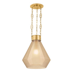 Tragus Large Pendant Light by Corbett Lighting, Faceted Clear Glass, Vintage Brass Finish, Dimmable, 21.5"H x 19"W