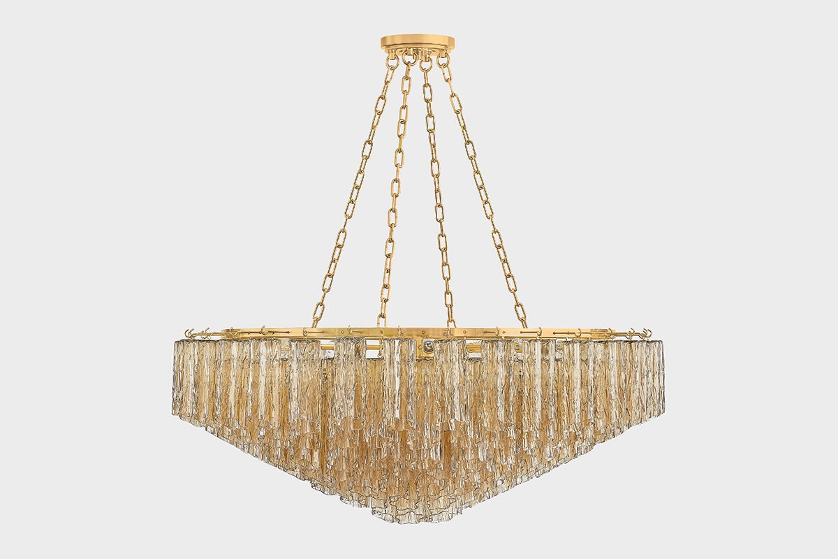 Watertown 21-Light Aged Brass Chandelier with Champagne Tronchi Glass Shades by Hudson Valley