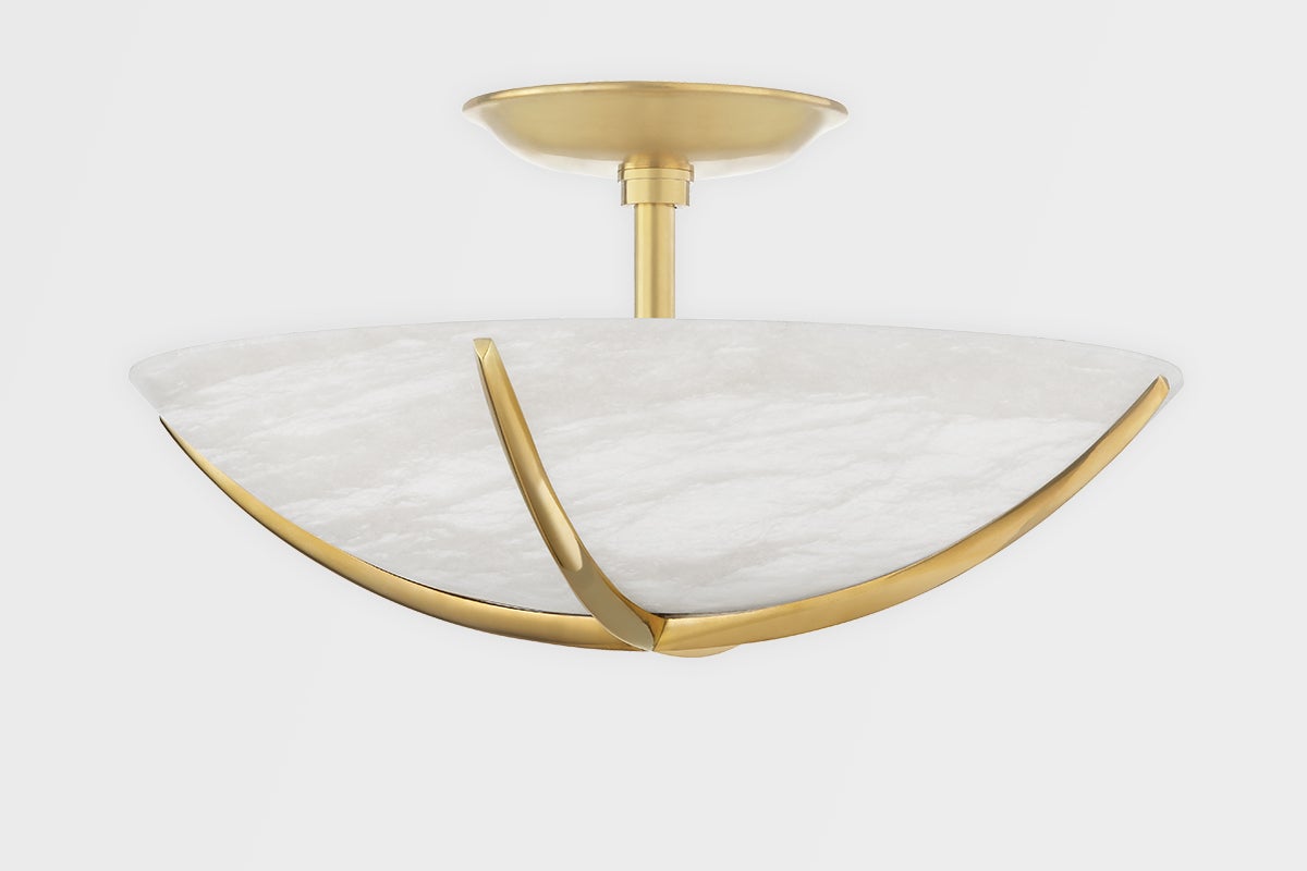 Wheatley 4-Bulb Semi-Flush Ceiling Light With Spanish Alabaster Shades And Aged Brass Finish