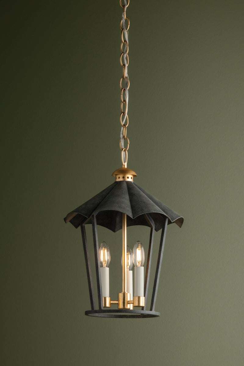 Wildomar Small Lantern by Troy Lighting, Vintage Gold Leaf & French Iron, Adjustable 21.5"-92.5" Hanging Height, UL Damp Rated