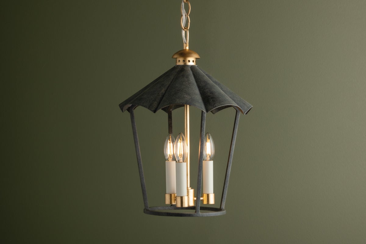 Wildomar Small Lantern by Troy Lighting, Vintage Gold Leaf & French Iron, Adjustable 21.5"-92.5" Hanging Height, UL Damp Rated