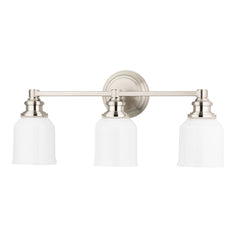 Windham 3-Light Vanity Light With Opal Glass Shades, Dimmable, Nickel Finish, UL Damp Rated