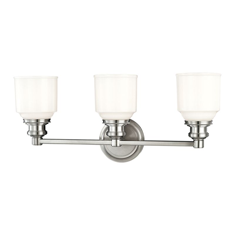 Windham 3-Light Vanity Light With Opal Glass Shades, Dimmable, Nickel Finish, UL Damp Rated