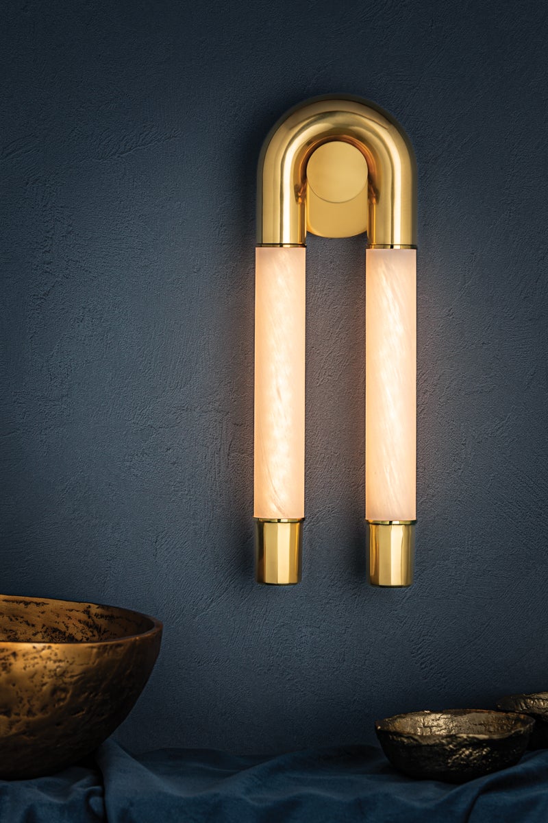 Zeme LED Sconce by Corbett Lighting, Vintage Polished Brass, Dimmable, 1475 Lumens, 2700K Warm Glow