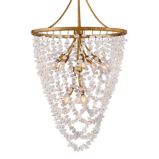 Myra Medium Chandelier by Fredrick Ramond, Distressed Brass Frame with Rock Crystal Strands, Adjustable Height