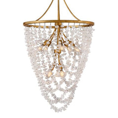 Myra Medium Chandelier by Fredrick Ramond, Distressed Brass Frame with Rock Crystal Strands, Adjustable Height