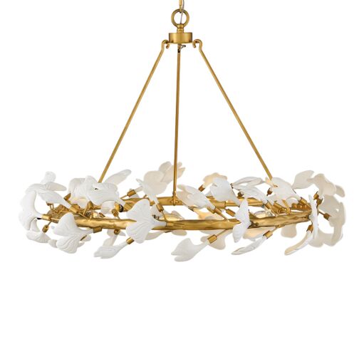 Audra 36" Large Ring Chandelier by Fredrick Ramond - Deluxe Gold Finish with Ceramic Ginkgo Leaves