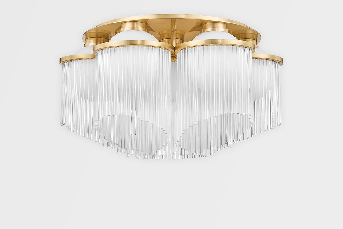 Corbett Lighting-Celestial 3-Light Semi-Flush Ceiling Light in Aged Brass with Opal Matte Globes and Glass Rods