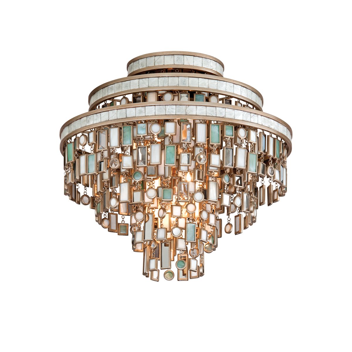 Corbett Lighting-Dolcetti 3-Light Semi-Flush Ceiling Light in Champagne Leaf With Shell, Crystal, and Stainless Steel Accents