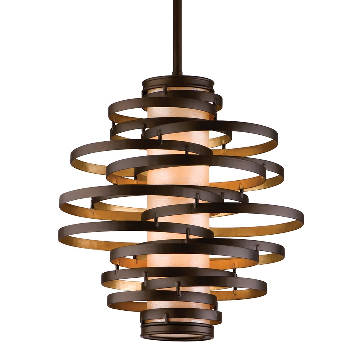 Corbett Lighting-Large Vertigo Pendant Light - Twisted Metal & Caramel Ice Glass Shade, Bronze and Gold Leaf Finish