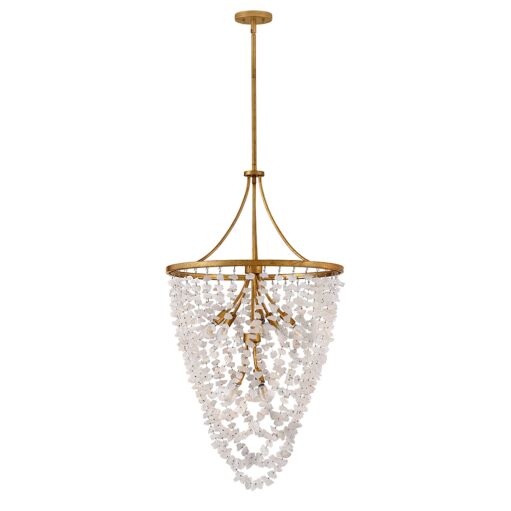 Myra Medium Chandelier by Fredrick Ramond, Distressed Brass Frame with Rock Crystal Strands, Adjustable Height