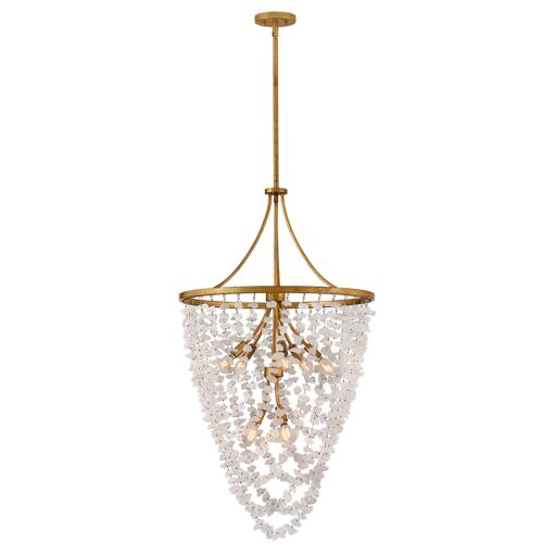 Myra Medium Chandelier by Fredrick Ramond, Distressed Brass Frame with Rock Crystal Strands, Adjustable Height