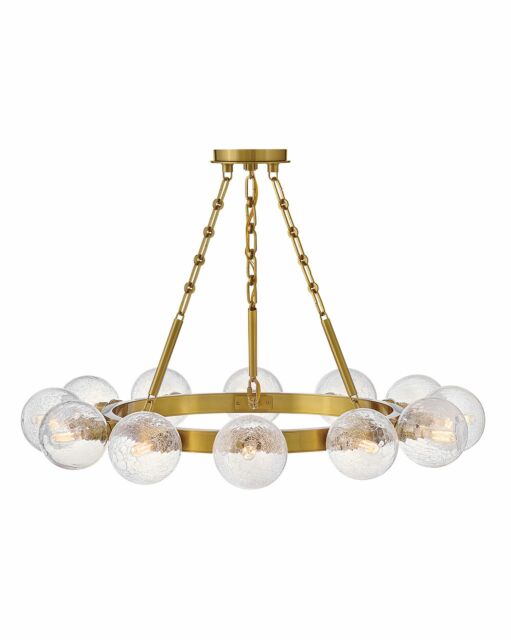 Coco Medium 12-Light Chandelier by Fredrick Ramond in Lacquered Brass with Crackle Glass Shades