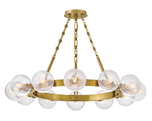 Coco Medium 12-Light Chandelier by Fredrick Ramond in Lacquered Brass with Crackle Glass Shades