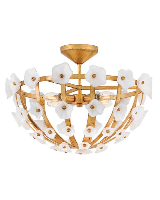 Fredrick Ramond Azalea Medium Semi-Flush Mount, Dimmable 4-Light Floral Glass Design in Distressed Brass