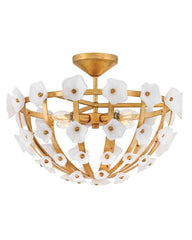 Fredrick Ramond Azalea Medium Semi-Flush Mount, Dimmable 4-Light Floral Glass Design in Distressed Brass