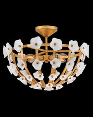 Fredrick Ramond Azalea Medium Semi-Flush Mount, Dimmable 4-Light Floral Glass Design in Distressed Brass