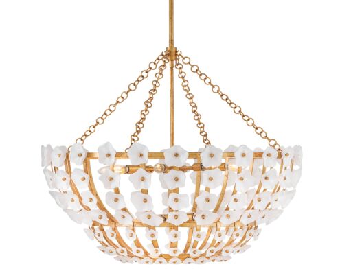 Azalea 12-Light Glass Blossom Chandelier in Distressed Brass by Fredrick Ramond - 29.25"H x 36"W