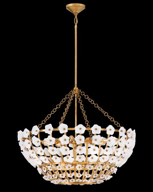 Azalea 12-Light Glass Blossom Chandelier in Distressed Brass by Fredrick Ramond - 29.25"H x 36"W