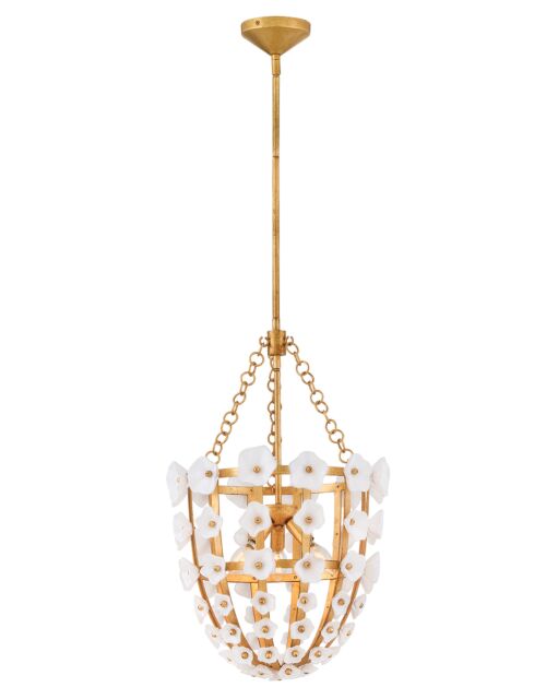 Azalea Large Pendant Light by Fredrick Ramond - Distressed Brass with Glass Blossoms, Dimmable, 3 Lights