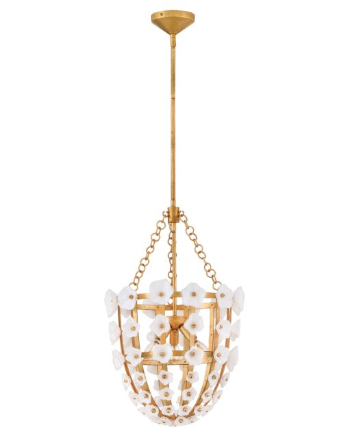 Azalea Large Pendant Light by Fredrick Ramond - Distressed Brass with Glass Blossoms, Dimmable, 3 Lights