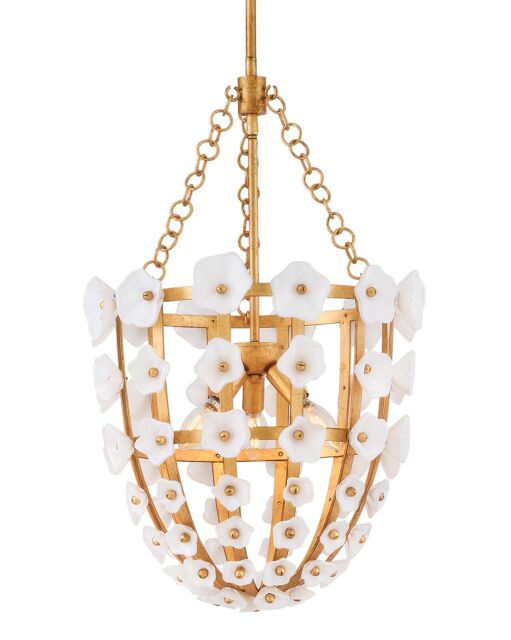 Azalea Large Pendant Light by Fredrick Ramond - Distressed Brass with Glass Blossoms, Dimmable, 3 Lights