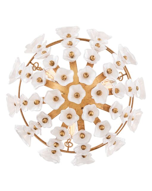 Azalea Large Pendant Light by Fredrick Ramond - Distressed Brass with Glass Blossoms, Dimmable, 3 Lights